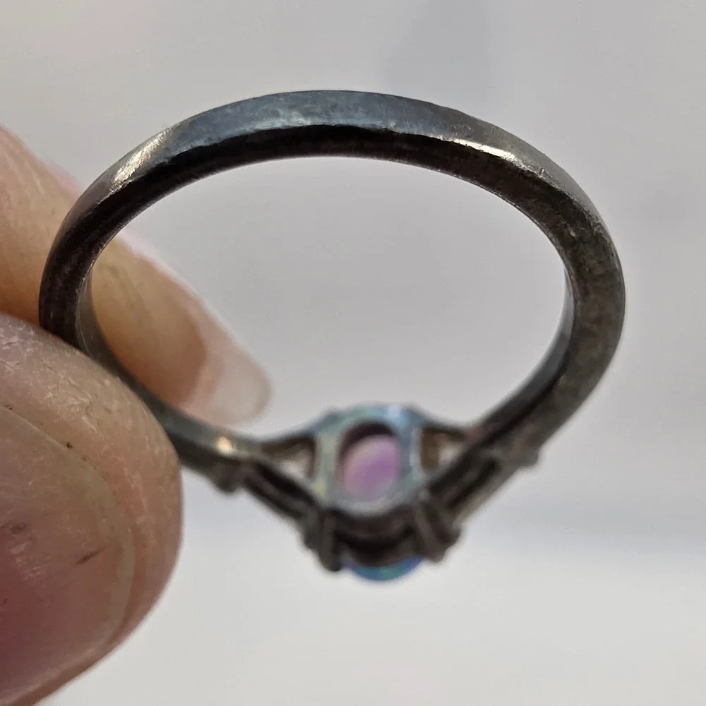 Sterling Silver‎ 925 Blue Opal Trillion CZ Three Stone Ring Size 6.25 Oxidized